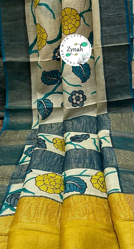 Zynah Pure Tussar Silk Hand-painted Kalamkari Saree; Custom Stitched/Ready-made Blouse, Fall, Petticoat; Shipping available USA, Worldwide