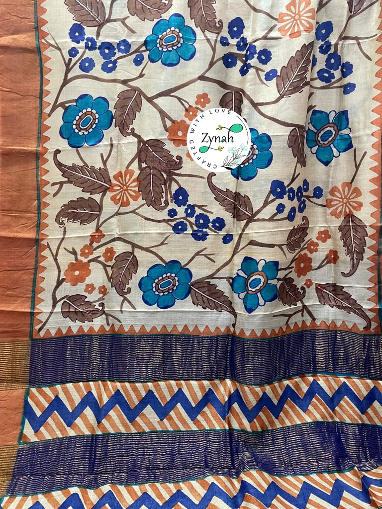 Zynah Pure Tussar Silk Hand-painted Kalamkari Saree; Custom Stitched/Ready-made Blouse, Fall, Petticoat; Shipping available USA, Worldwide
