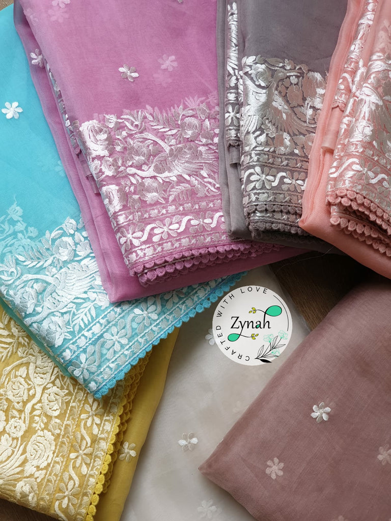 Zynah Pure Organza Silk Saree with Parsi Gara Embroidery & Crochet Lace; Custom Stitched/Ready-made Blouse, Fall, Petticoat; Shipping available USA, Worldwide
