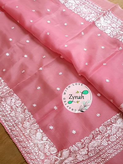 Zynah Pure Organza Silk Saree with Parsi Gara Embroidery & Crochet Lace; Custom Stitched/Ready-made Blouse, Fall, Petticoat; Shipping available USA, Worldwide