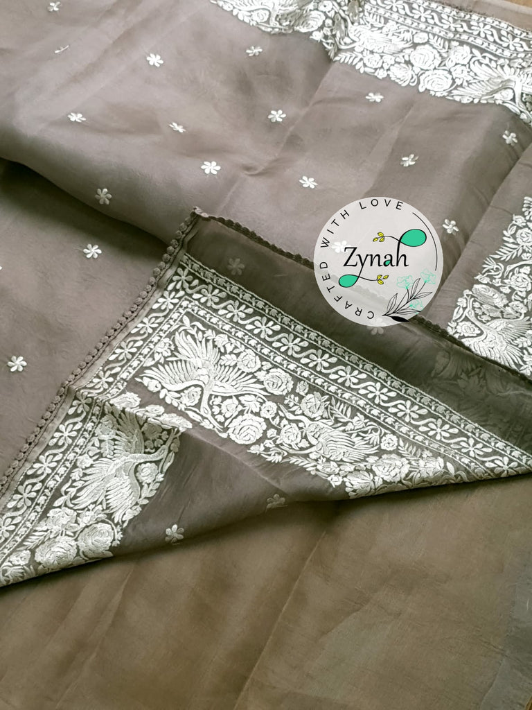 Zynah Pure Organza Silk Saree with Parsi Gara Embroidery & Crochet Lace; Custom Stitched/Ready-made Blouse, Fall, Petticoat; Shipping available USA, Worldwide