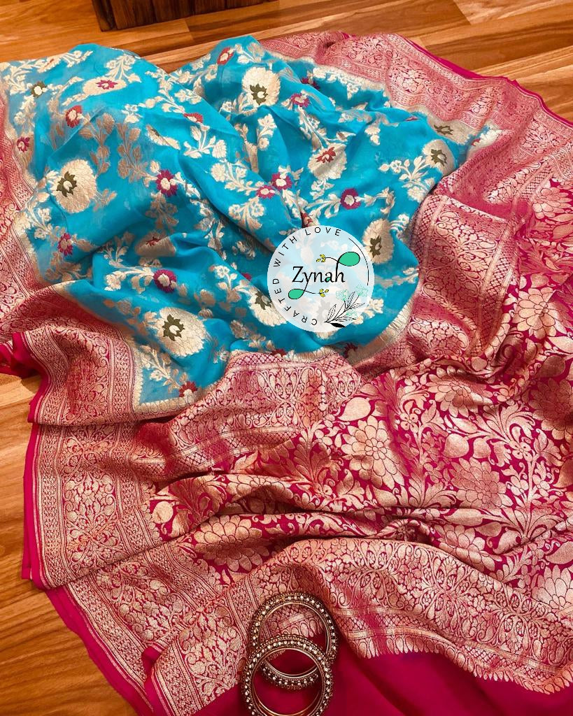 Zynah Blue Color Pure Khaddi Georgette Banarasi Saree with Golden Zari & Meenakari Weaved Motifs; Custom Stitched/Ready-made Blouse, Fall, Petticoat; Shipping available USA, Worldwide