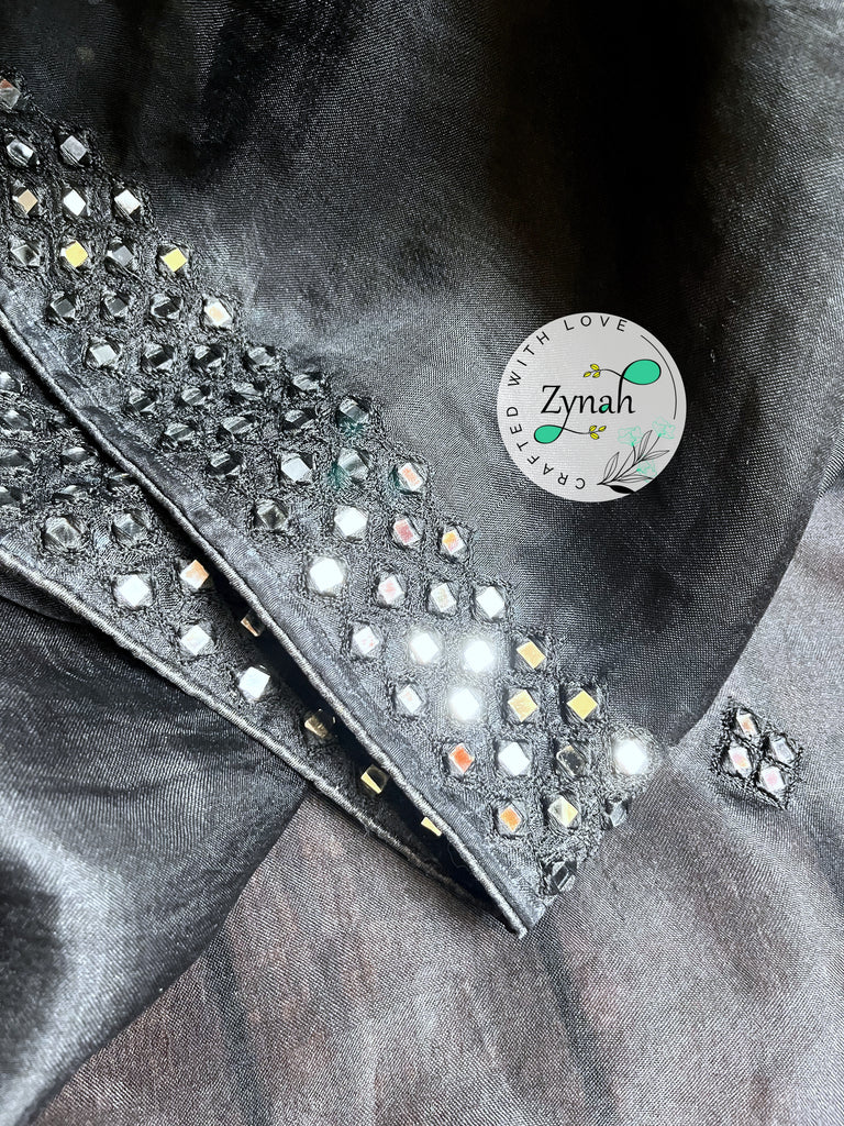 Zynah Pure Organza Silk Saree with Mirror Kutchi Work; Custom Stitched/Ready-made Blouse, Fall, Petticoat; Shipping available USA, Worldwide