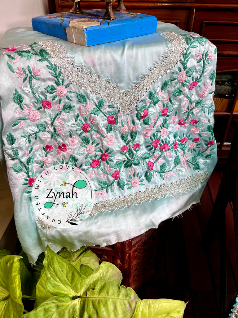 Zynah Light Blue Color Pure Organza Silk Saree with Sequence, Pearls & Cut-dana Work; Custom Stitched/Ready-made Blouse, Fall, Petticoat; Shipping available USA, Worldwide