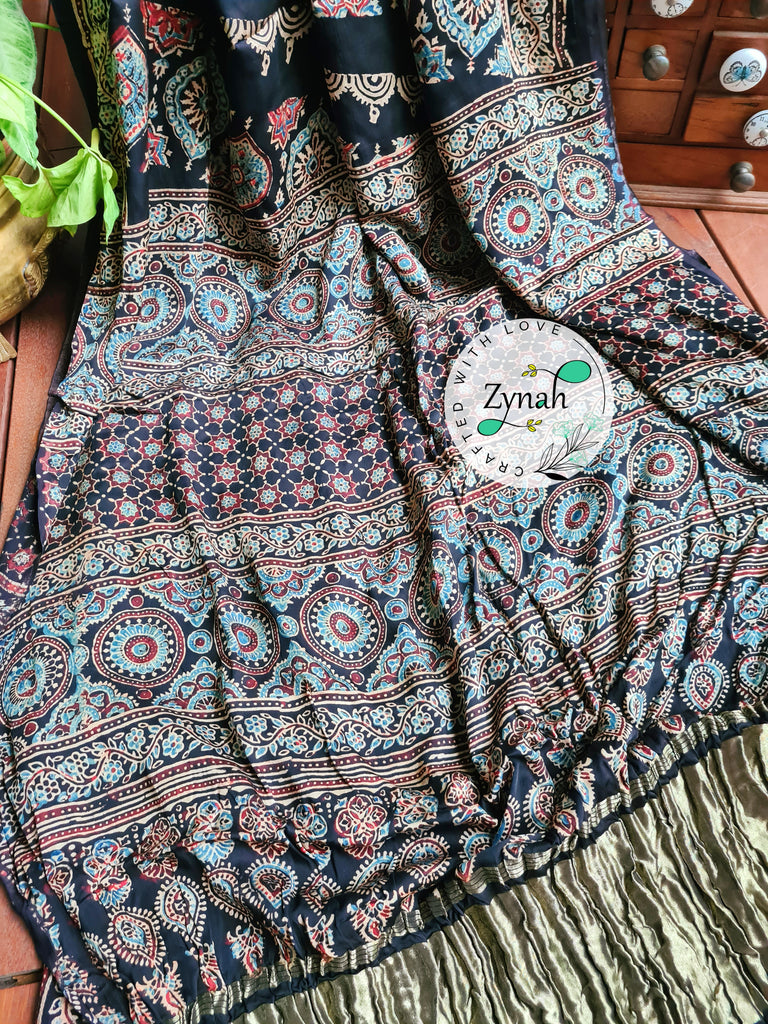Zynah Black Color Pure Modal Silk Ajrakh Saree with Handblock Prints; Custom Stitched/Ready-made Blouse, Fall, Petticoat; Shipping available USA, Worldwide
