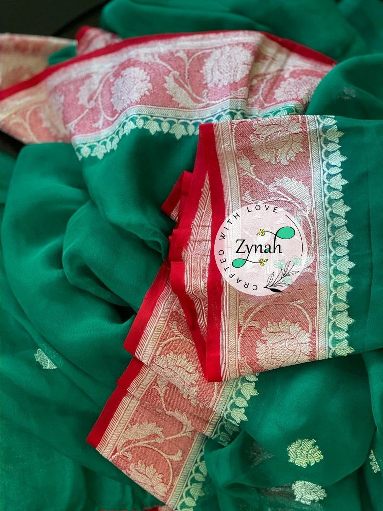 Zynah Pure Banarasi Handloom Khaddi Georgette Saree with Zari Weave; Custom Stitched/Ready-made Blouse, Fall, Petticoat; Shipping available USA, Worldwide