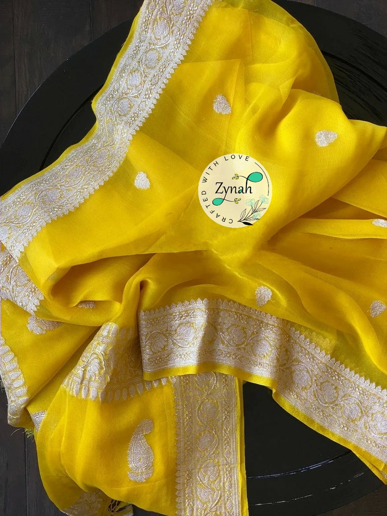 Zynah Pure Banarasi Handloom Khaddi Georgette Saree with Zari Border & Butis; Custom Stitched/Ready-made Blouse, Fall, Petticoat; Shipping available USA, Worldwide