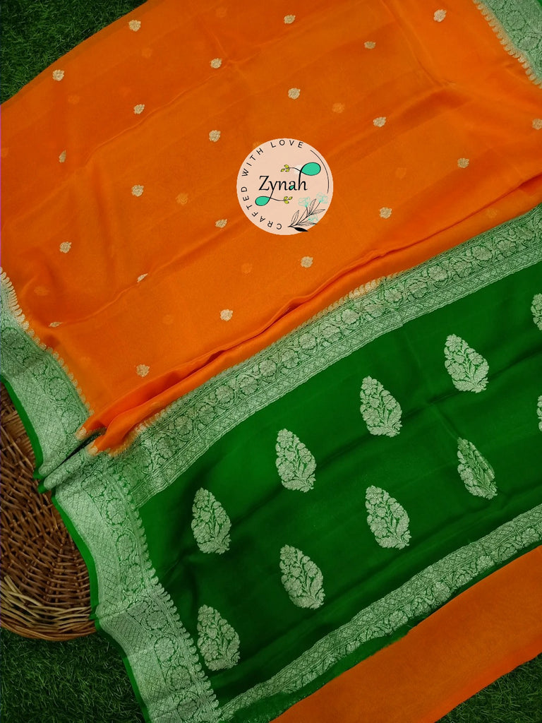 Zynah Pure Banarasi Handloom Khaddi Georgette Saree with Zari Weave; Custom Stitched/Ready-made Blouse, Fall, Petticoat; Shipping available USA, Worldwide