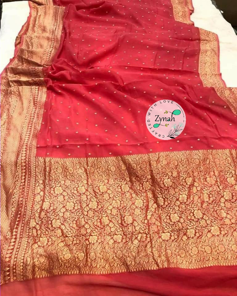 Zynah Pure Khaddi Georgette Saree with Golden Zari Weave; Custom Stitched/Ready-made Blouse, Fall, Petticoat; Shipping available USA, Worldwide