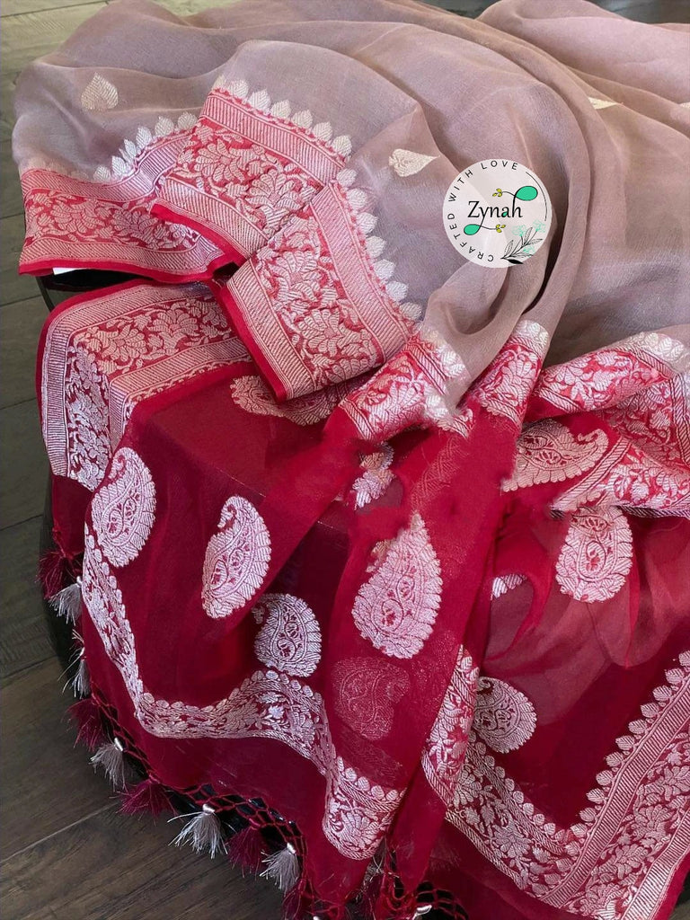 Zynah Pure Banarasi Handloom Khaddi Georgette Saree with Zari Weave; Custom Stitched/Ready-made Blouse, Fall, Petticoat; Shipping available USA, Worldwide