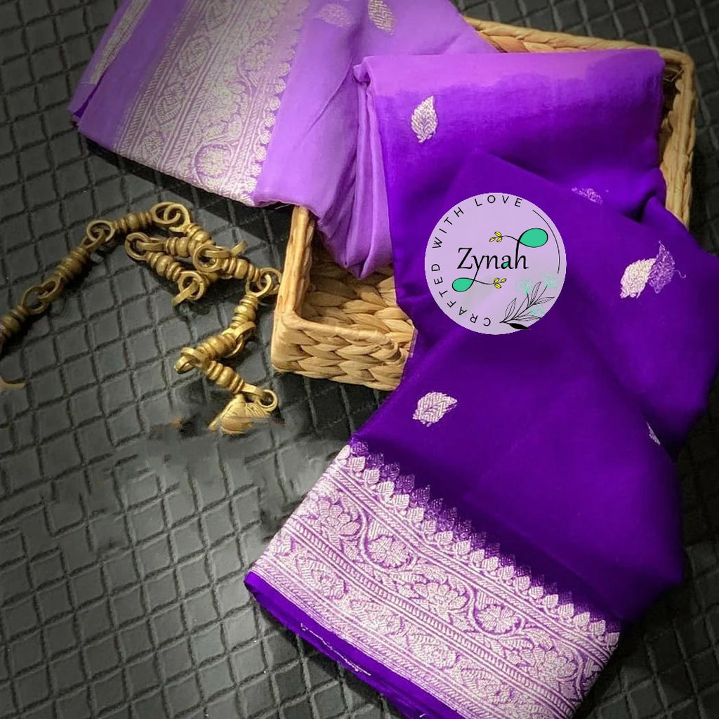 Zynah Pure Banarasi Handloom Khaddi Georgette Double-shaded Saree with Zari Weave; Custom Stitched/Ready-made Blouse, Fall, Petticoat; Shipping available USA, Worldwide