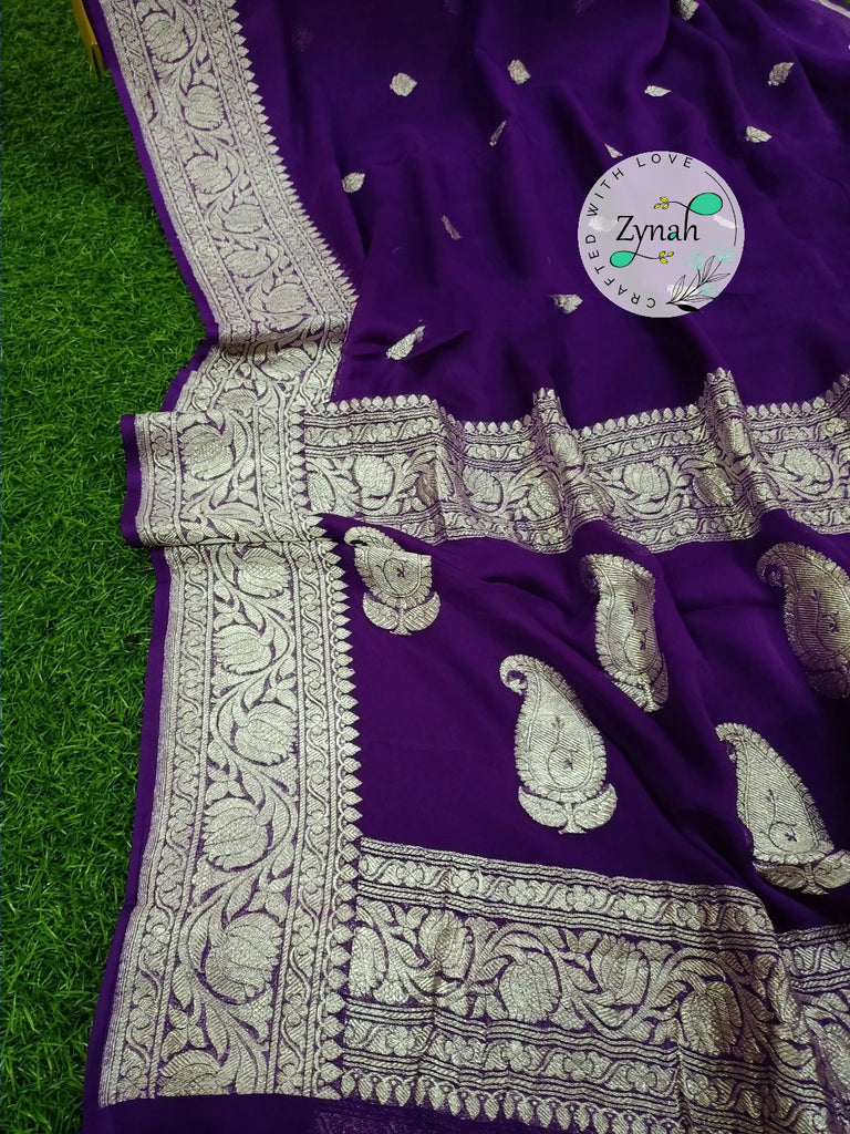Zynah Pure Banarasi Handloom Khaddi Georgette Saree with Zari Border & Butis; Custom Stitched/Ready-made Blouse, Fall, Petticoat; Shipping available USA, Worldwide