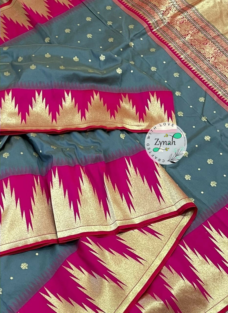 Zynah Pure Banarasi Soft Silk Saree with Temple Design Border; Custom Stitched/Ready-made Blouse, Fall, Petticoat; Shipping available USA, Worldwide