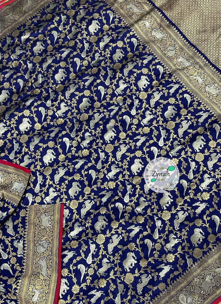 Zynah Pure Banarasi Soft Silk Saree with Shikargah Design; Custom Stitched/Ready-made Blouse, Fall, Petticoat; Shipping available USA, Worldwide