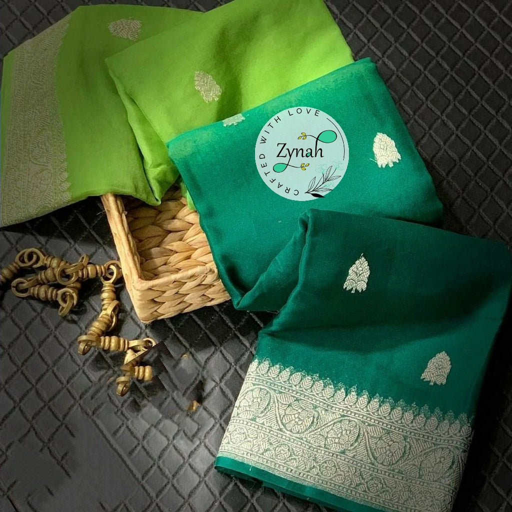 Zynah Pure Banarasi Handloom Khaddi Georgette Double-shaded Saree with Zari Weave; Custom Stitched/Ready-made Blouse, Fall, Petticoat; Shipping available USA, Worldwide