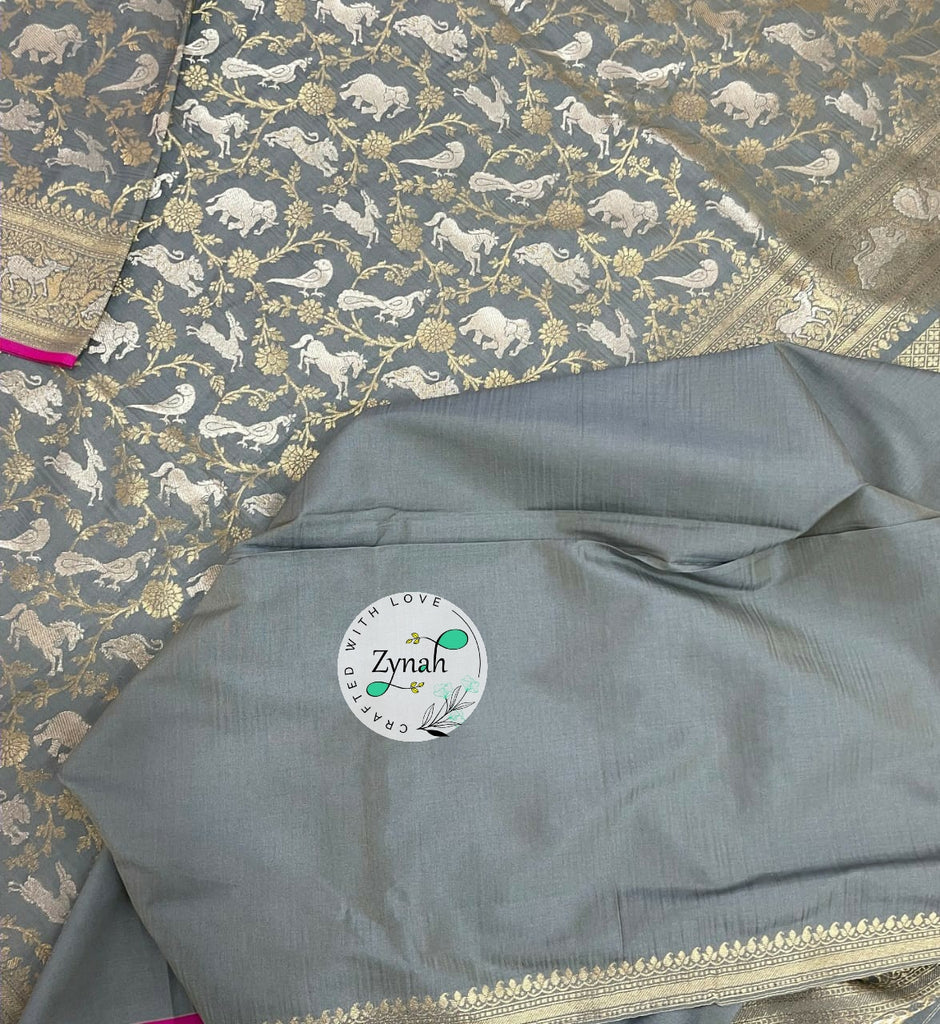 Zynah Pure Banarasi Soft Silk Saree with Shikargah Design; Custom Stitched/Ready-made Blouse, Fall, Petticoat; Shipping available USA, Worldwide