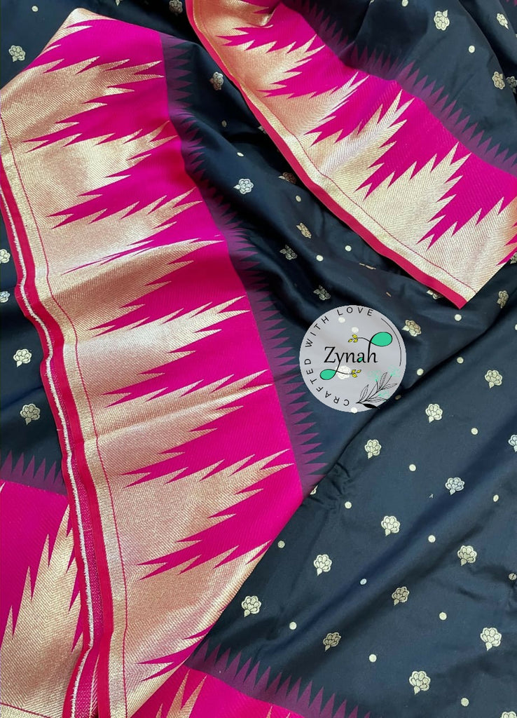 Zynah Pure Banarasi Soft Silk Saree with Temple Design Border; Custom Stitched/Ready-made Blouse, Fall, Petticoat; Shipping available USA, Worldwide