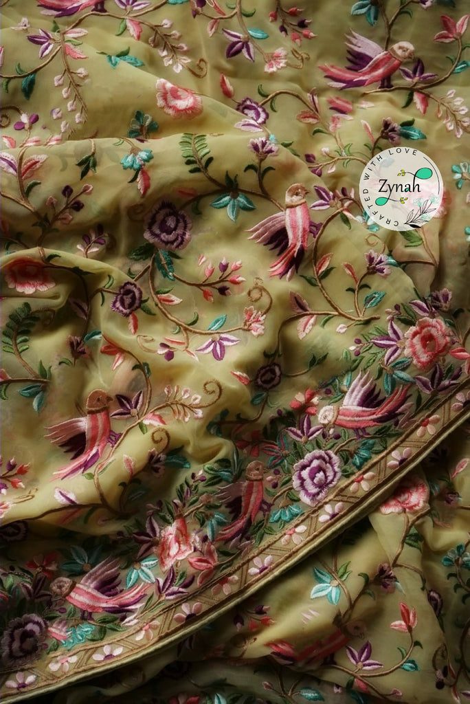 Zynah Pure Georgette Saree with Parsi Gara Inspired Embroidery; Custom Stitched/Ready-made Blouse, Fall, Petticoat; Shipping available USA, Worldwide