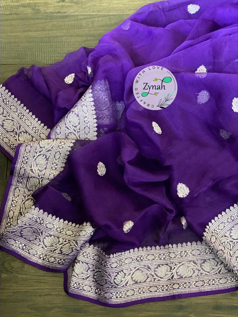 Zynah Pure Banarasi Handloom Khaddi Georgette Saree with Zari Border & Butis; Custom Stitched/Ready-made Blouse, Fall, Petticoat; Shipping available USA, Worldwide