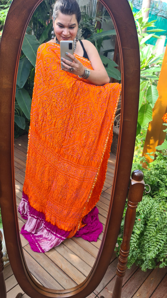 Zynah Pure Gajji Silk Designer Bandhani Saree with Tissue Zari Pallu; Custom Stitched/Ready-made Blouse, Fall, Petticoat; Shipping available USA, Worldwide
