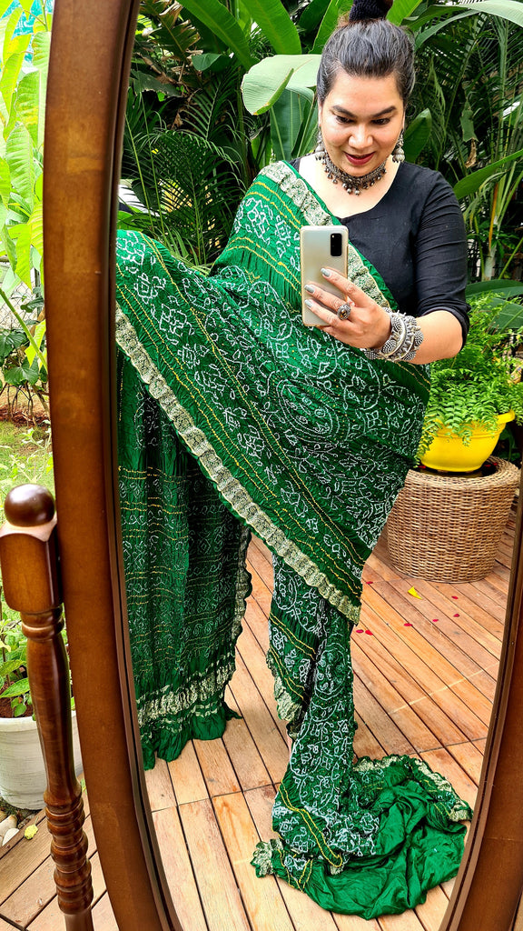 Zynah Pure Gajji Silk Designer Bandhani Saree with Banarasi Border & Pallu; Custom Stitched/Ready-made Blouse, Fall, Petticoat; Shipping available USA, Worldwide