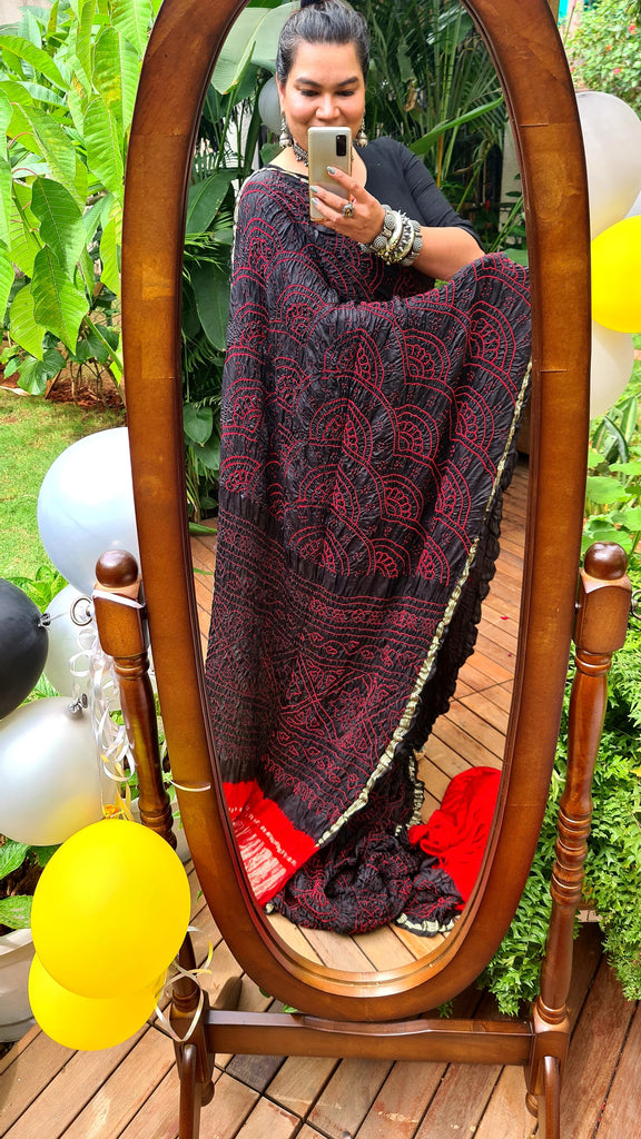 Zynah Pure Gajji Silk Designer Bandhani Saree with Zari Border & Pallu; Custom Stitched/Ready-made Blouse, Fall, Petticoat; Shipping available USA, Worldwide