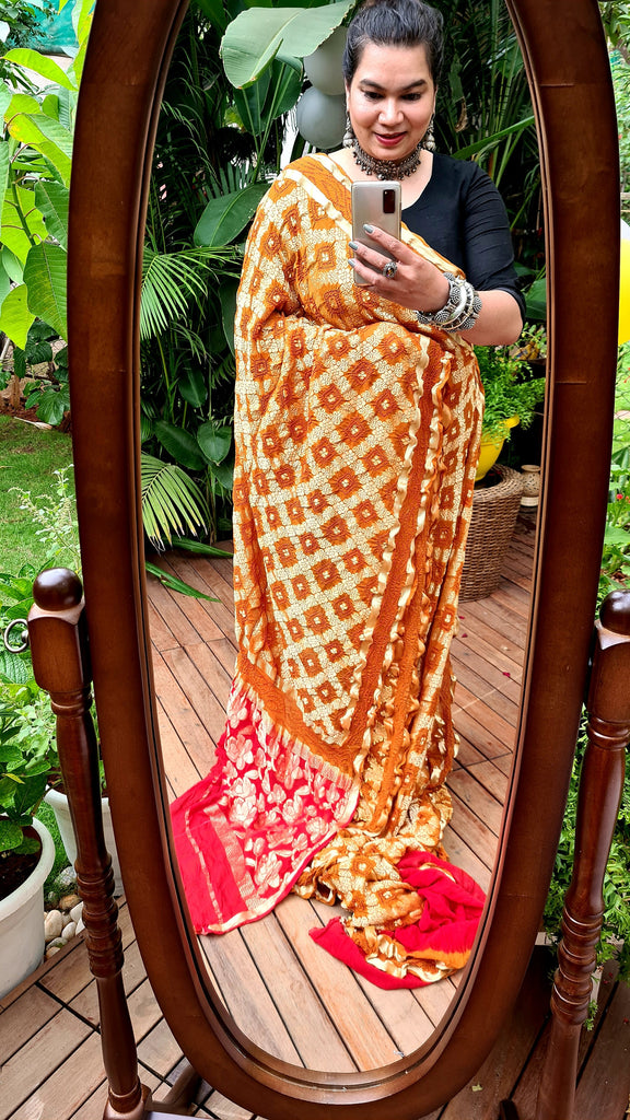 Zynah Pure Georgette Designer Bandhani Saree with Gharchola & Zari Weave; Custom Stitched/Ready-made Blouse, Fall, Petticoat; Shipping available USA, Worldwide