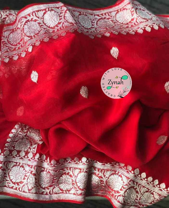 Zynah Pure Banarasi Handloom Khaddi Georgette Saree with Zari Border & Butis; Custom Stitched/Ready-made Blouse, Fall, Petticoat; Shipping available USA, Worldwide