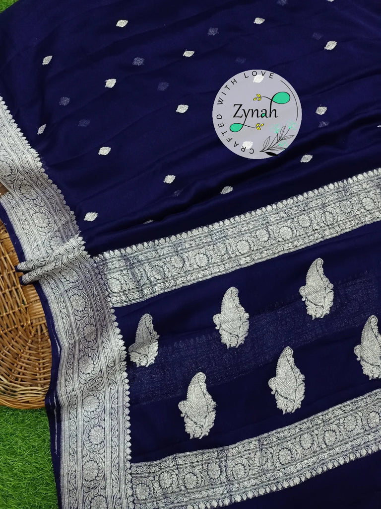 Zynah Pure Banarasi Handloom Khaddi Georgette Saree with Zari Border & Butis; Custom Stitched/Ready-made Blouse, Fall, Petticoat; Shipping available USA, Worldwide