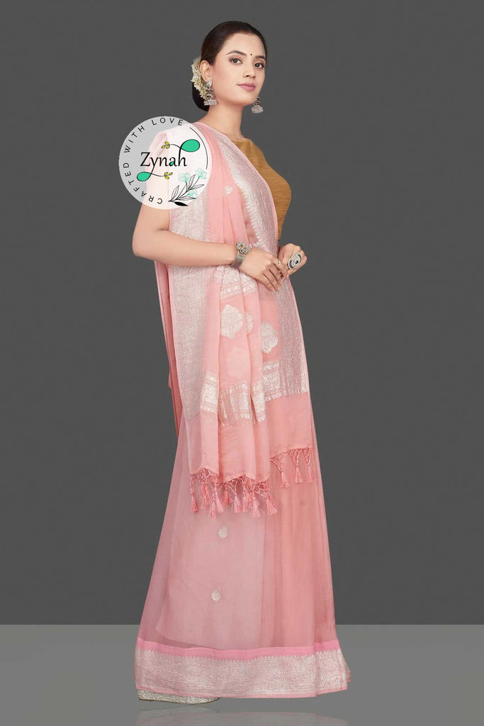 Zynah Pure Banarasi Handloom Khaddi Georgette Saree with Zari Border & Butis; Custom Stitched/Ready-made Blouse, Fall, Petticoat; Shipping available USA, Worldwide