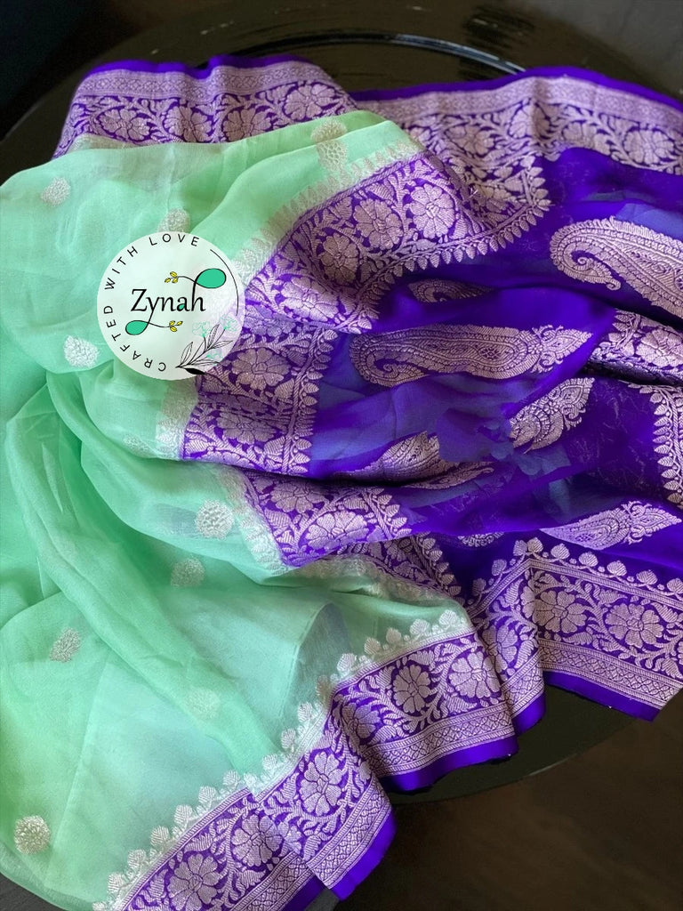 Zynah Pure Banarasi Handloom Khaddi Georgette Saree with Zari Weave; Custom Stitched/Ready-made Blouse, Fall, Petticoat; Shipping available USA, Worldwide
