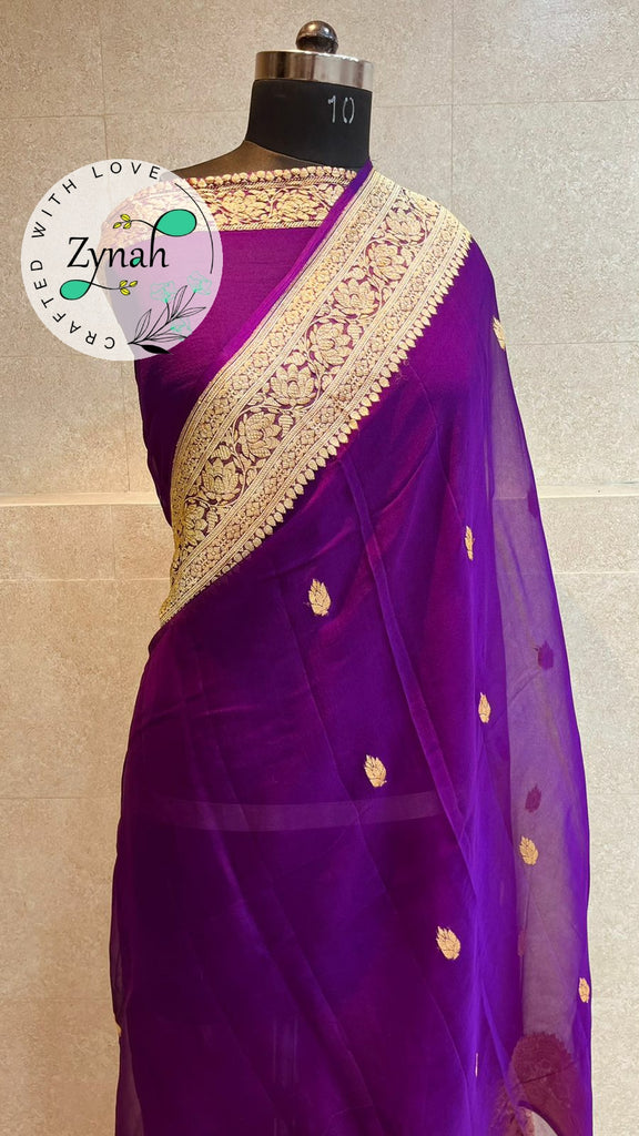 Zynah Pure Banarasi Handloom Khaddi Georgette Saree with Golden Zari Border & Butis; Custom Stitched/Ready-made Blouse, Fall, Petticoat; Shipping available USA, Worldwide