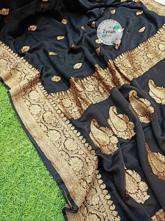 Zynah Pure Banarasi Handloom Khaddi Georgette Saree with Zari Border & Butis; Custom Stitched/Ready-made Blouse, Fall, Petticoat; Shipping available USA, Worldwide