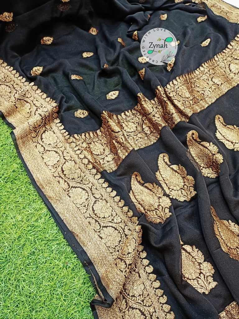 Zynah Pure Banarasi Handloom Khaddi Georgette Saree with Zari Border & Butis; Custom Stitched/Ready-made Blouse, Fall, Petticoat; Shipping available USA, Worldwide