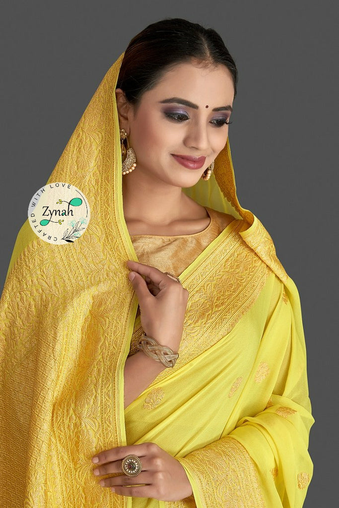 Zynah Pure Banarasi Handloom Khaddi Georgette Saree with Golden Zari Border & Butis; Custom Stitched/Ready-made Blouse, Fall, Petticoat; Shipping available USA, Worldwide