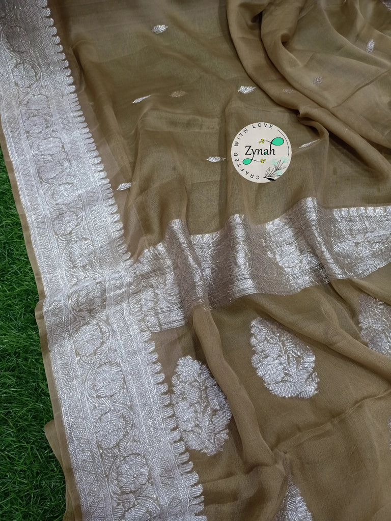 Zynah Pure Banarasi Handloom Khaddi Georgette Saree with Zari Border & Butis; Custom Stitched/Ready-made Blouse, Fall, Petticoat; Shipping available USA, Worldwide
