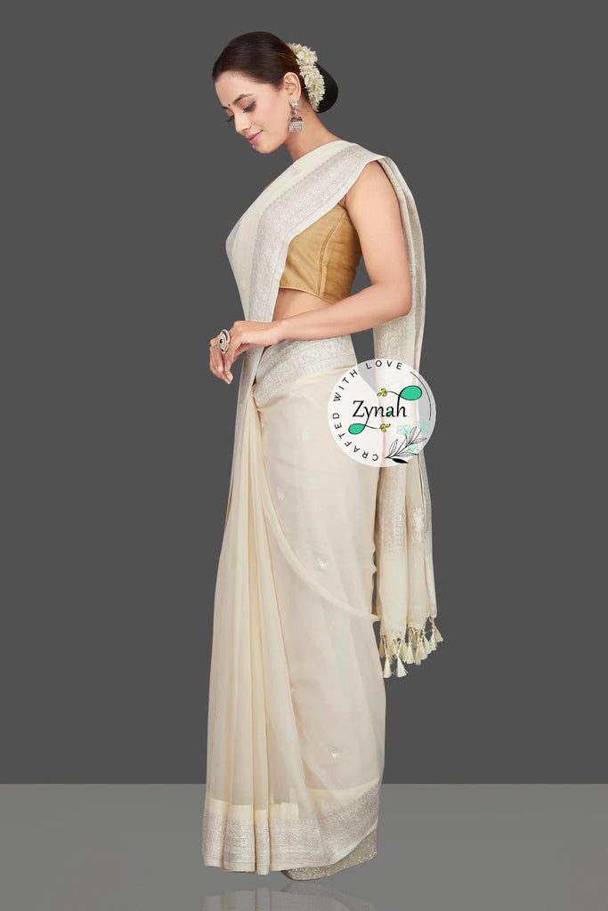 Zynah Pure Banarasi Handloom Khaddi Georgette Saree with Zari Border & Butis; Custom Stitched/Ready-made Blouse, Fall, Petticoat; Shipping available USA, Worldwide