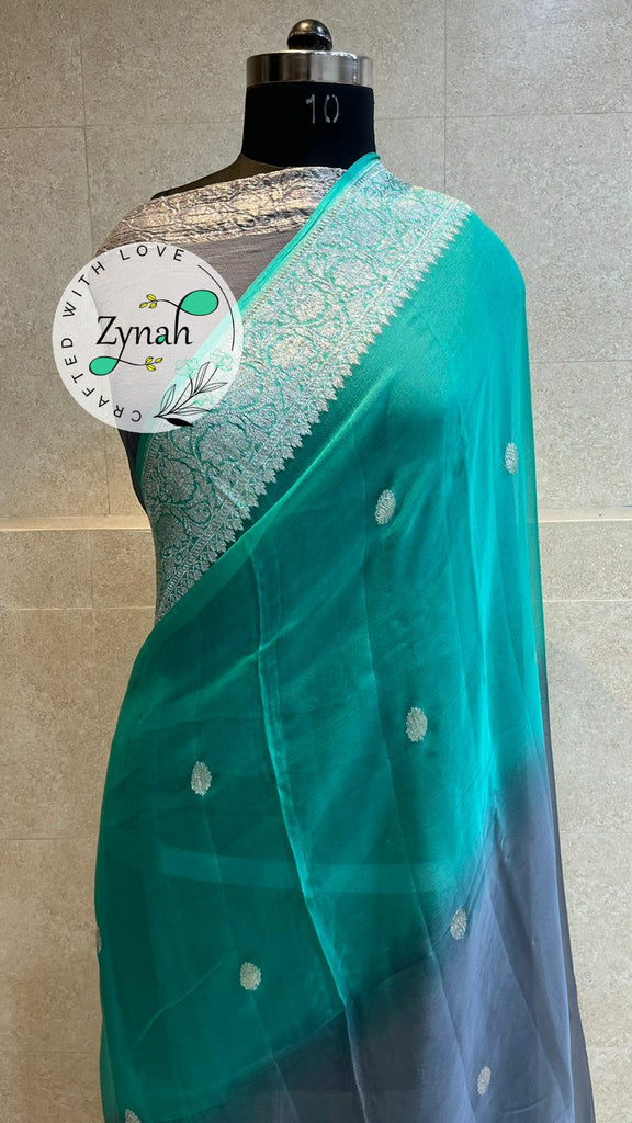 Zynah Pure Banarasi Handloom Khaddi Georgette Double-shaded Saree with Zari Weave; Custom Stitched/Ready-made Blouse, Fall, Petticoat; Shipping available USA, Worldwide