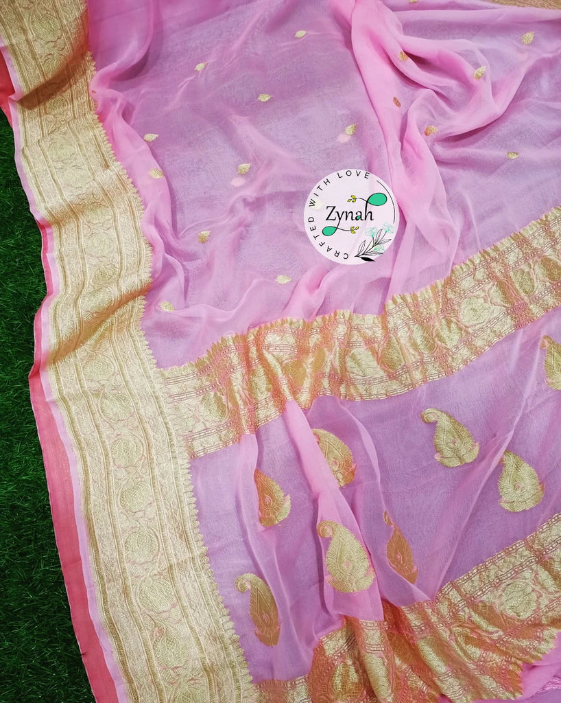 Zynah Pure Banarasi Handloom Khaddi Georgette Saree with Zari Border & Butis; Custom Stitched/Ready-made Blouse, Fall, Petticoat; Shipping available USA, Worldwide