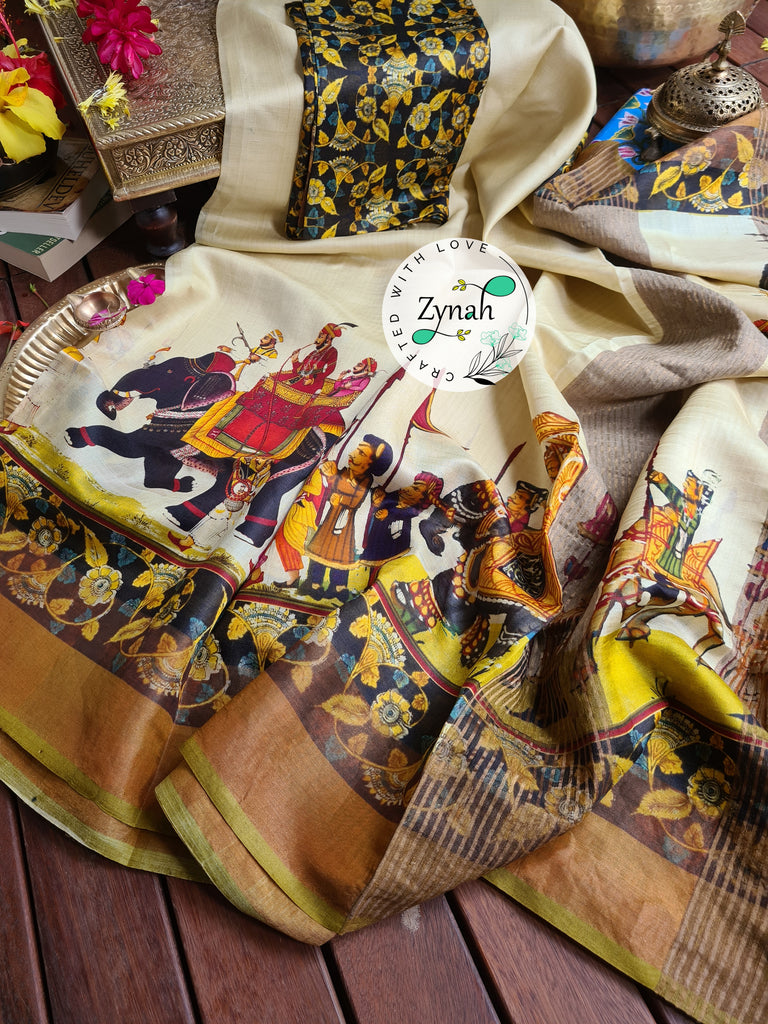 Zynah Pure Tussar Silk Saree with Digital Kalamkari Prints; Custom Stitched/Ready-made Blouse, Fall, Petticoat; Shipping available USA, Worldwide