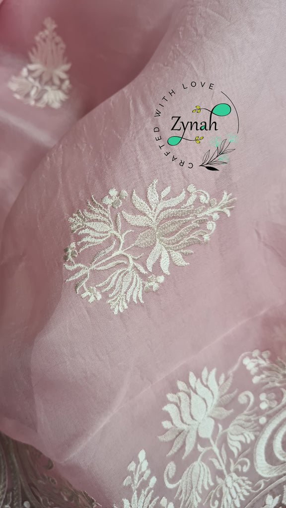 Zynah Pure Organza Silk Saree with Thread Embroidery & Crochet lace Border; Custom Stitched/Ready-made Blouse, Fall, Petticoat; Shipping available USA, Worldwide