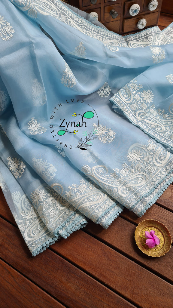 Zynah Pure Organza Silk Saree with Thread Embroidery & Crochet lace Border; Custom Stitched/Ready-made Blouse, Fall, Petticoat; Shipping available USA, Worldwide
