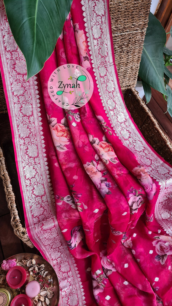 Zynah Pure Khaddi Chiffon Saree with Floral Prints & Silver Zari Weave; Custom Stitched/Ready-made Blouse, Fall, Petticoat; Shipping available USA, Worldwide