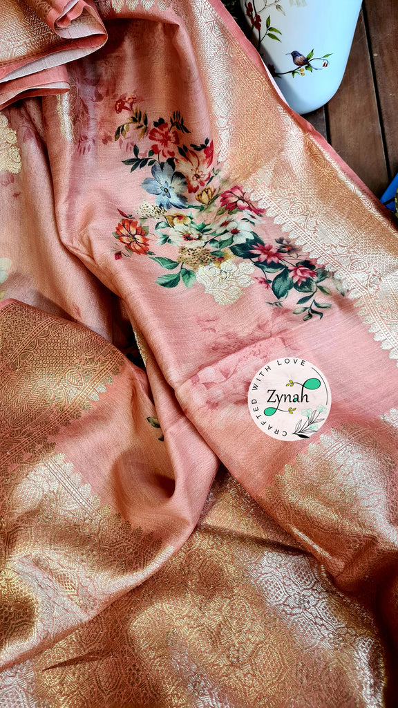 Zynah Pure Tussar Banarasi Silk Saree; Custom Stitched/Ready-made Blouse, Fall, Petticoat; Shipping available USA, Worldwide