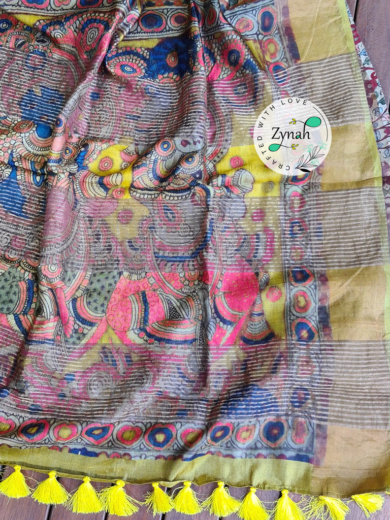 Zynah Pure Tussar Silk Saree with Digital Kalamkari Prints; Custom Stitched/Ready-made Blouse, Fall, Petticoat; Shipping available USA, Worldwide