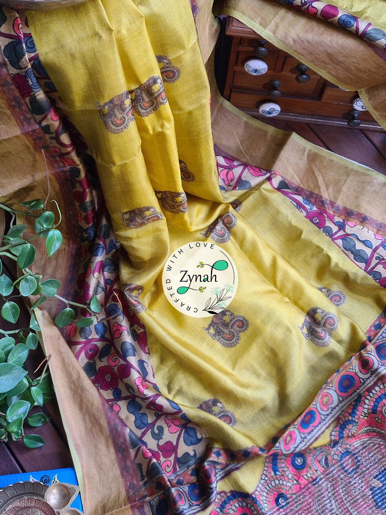 Zynah Pure Tussar Silk Saree with Digital Kalamkari Prints; Custom Stitched/Ready-made Blouse, Fall, Petticoat; Shipping available USA, Worldwide