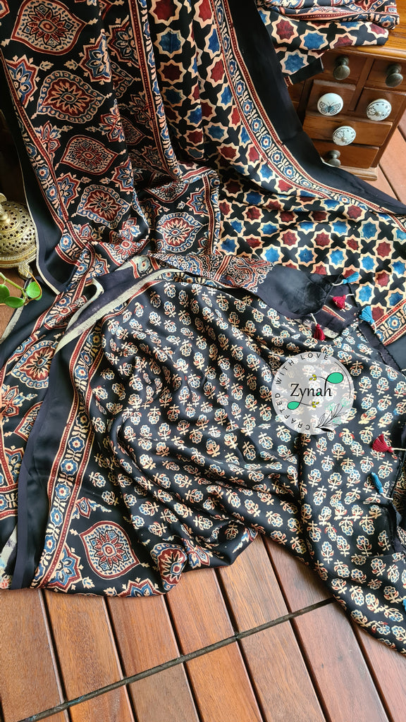 Zynah Pure Modal Silk Ajrakh Saree with Handblock Prints; Custom Stitched/Ready-made Blouse, Fall, Petticoat; Shipping available USA, Worldwide