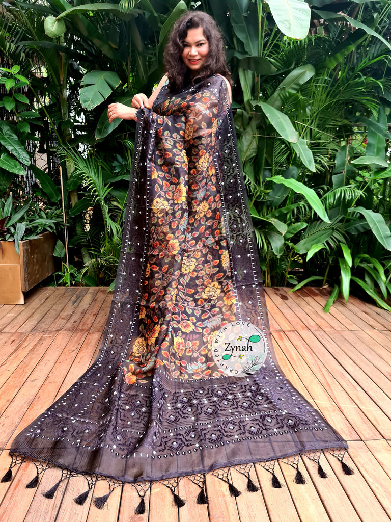 Zynah Pure Organza Silk Kalamkari Saree with Dhakai Jamdhani Thread Embroidery; Custom Stitched/Ready-made Blouse, Fall, Petticoat; Shipping available USA, Worldwide