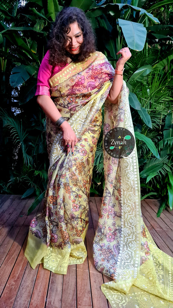 Zynah Pure Organza Silk Kalamkari Saree with Dhakai Jamdhani Thread Embroidery; Custom Stitched/Ready-made Blouse, Fall, Petticoat; Shipping available USA, Worldwide
