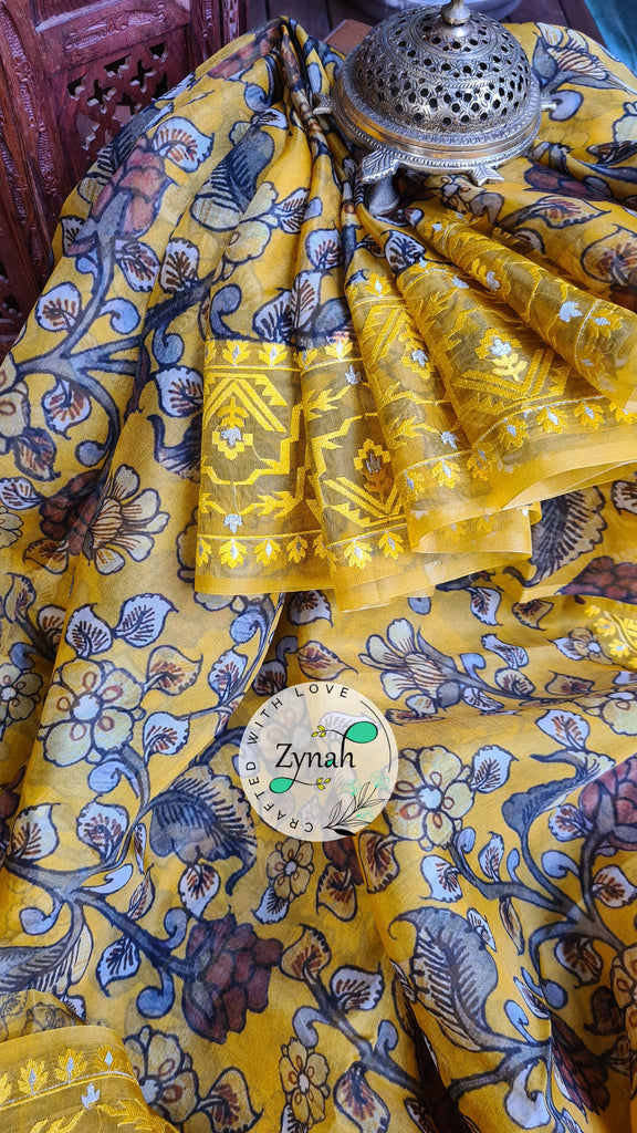 Zynah Pure Organza Silk Kalamkari Saree with Dhakai Jamdhani Thread Embroidery; Custom Stitched/Ready-made Blouse, Fall, Petticoat; Shipping available USA, Worldwide